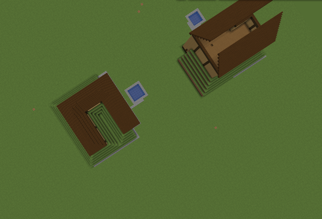 Live Node Haven BlueMap showing two AI-built hillside houses